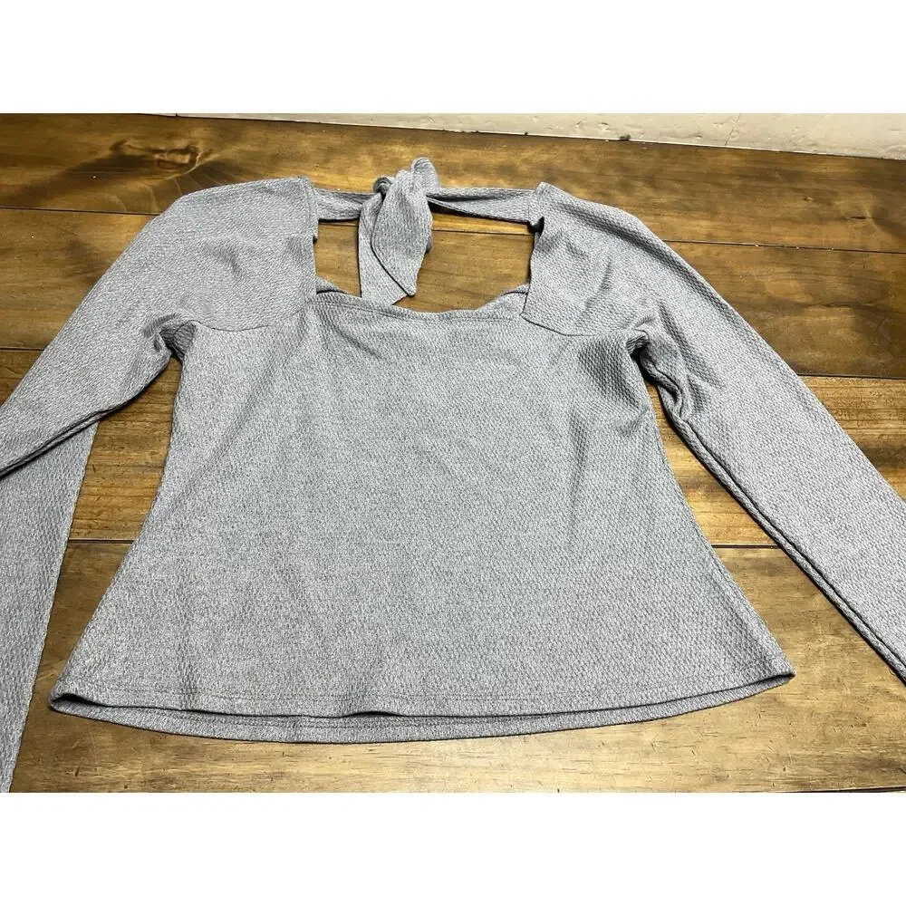 Pilcro Gray Waffle Knit Long Sleeve Notch Neck Top M Casual Minimal NWT - Picture 10 of 10